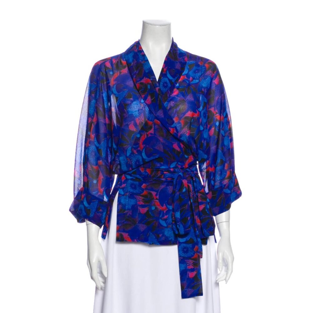 Rodebjer Women's Tennessee Blue Print Chiffon Wrap Kimono Top XS